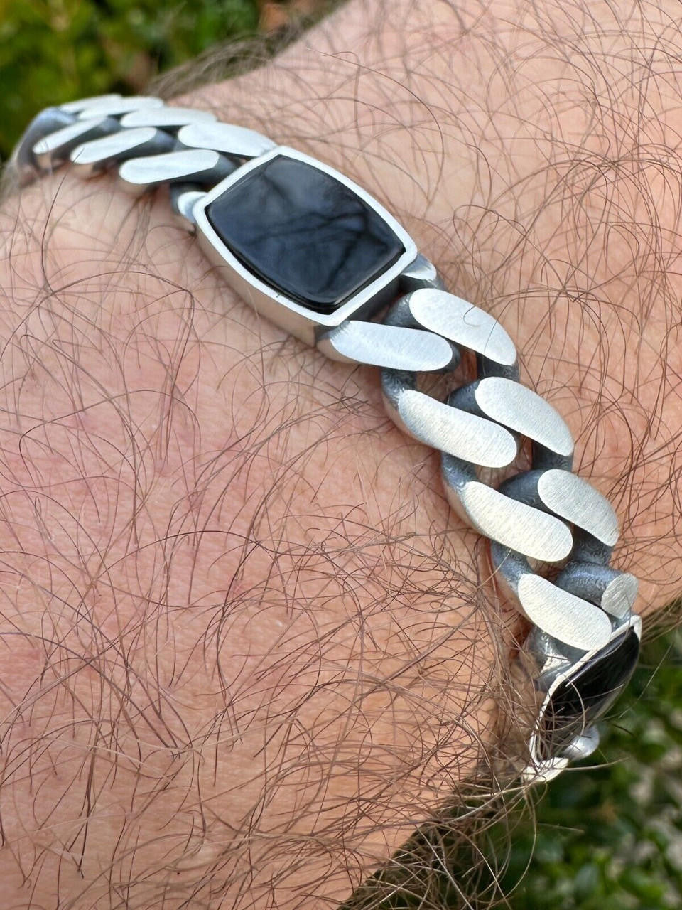 Miami Cuban Bracelet W. 3 Natural Black Onyx Gemstone Motifs - 925 Sterling Silver Oxidized Gunmetal - 7"-9" - 11mm