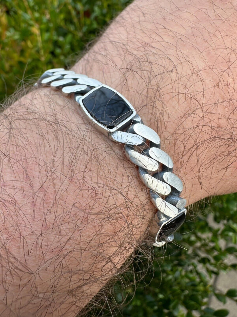Miami Cuban Bracelet W. 3 Natural Black Onyx Gemstone Motifs - 925 Sterling Silver Oxidized Gunmetal - 7"-9" - 11mm