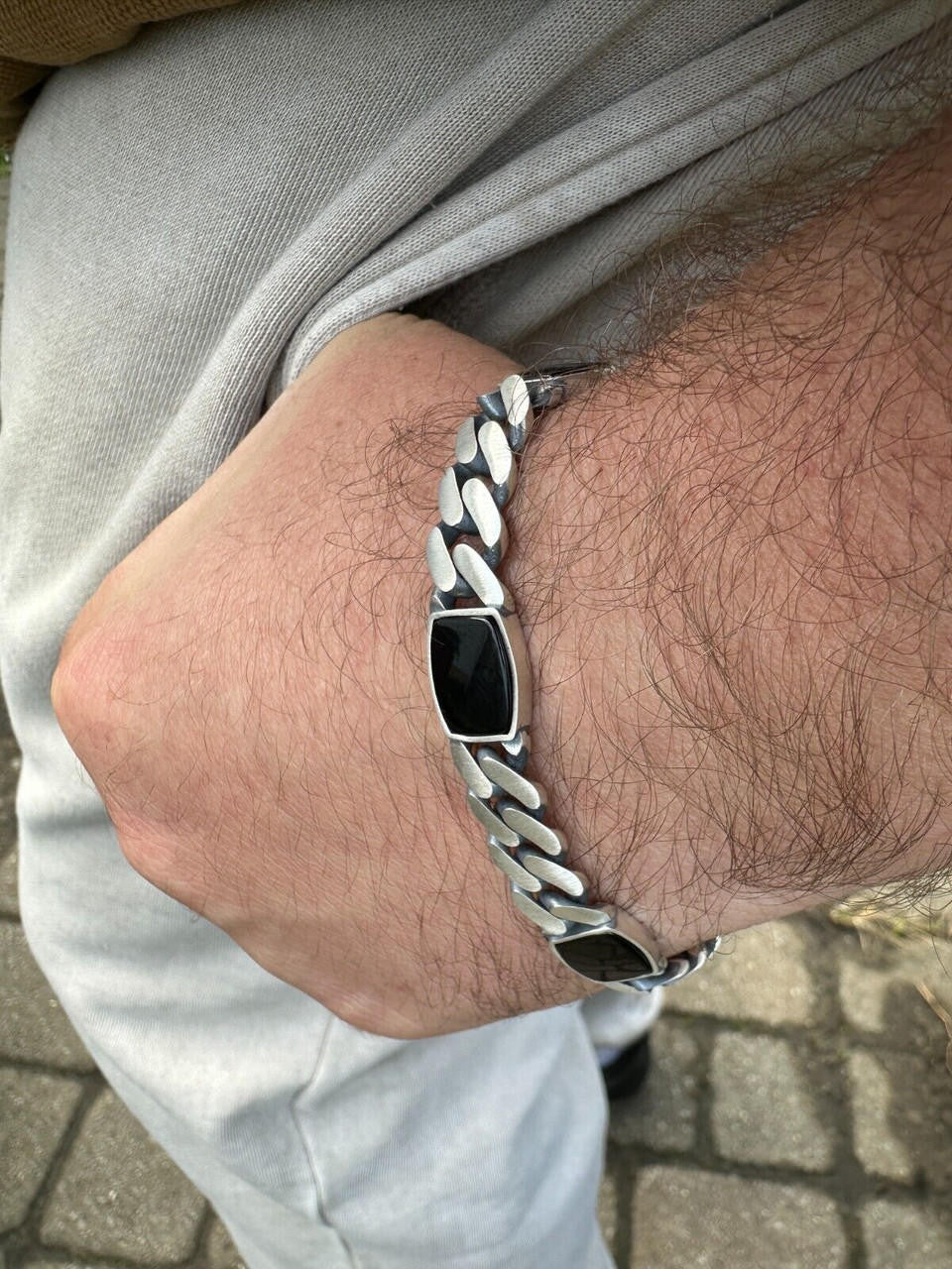 Miami Cuban Bracelet W. 3 Natural Black Onyx Gemstone Motifs - 925 Sterling Silver Oxidized Gunmetal - 7"-9" - 11mm