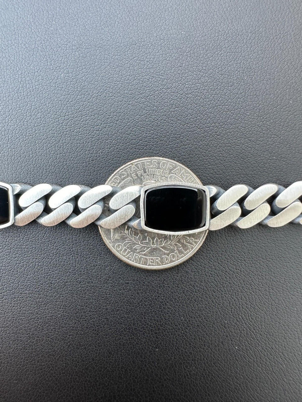Miami Cuban Bracelet W. 3 Natural Black Onyx Gemstone Motifs - 925 Sterling Silver Oxidized Gunmetal - 7"-9" - 11mm