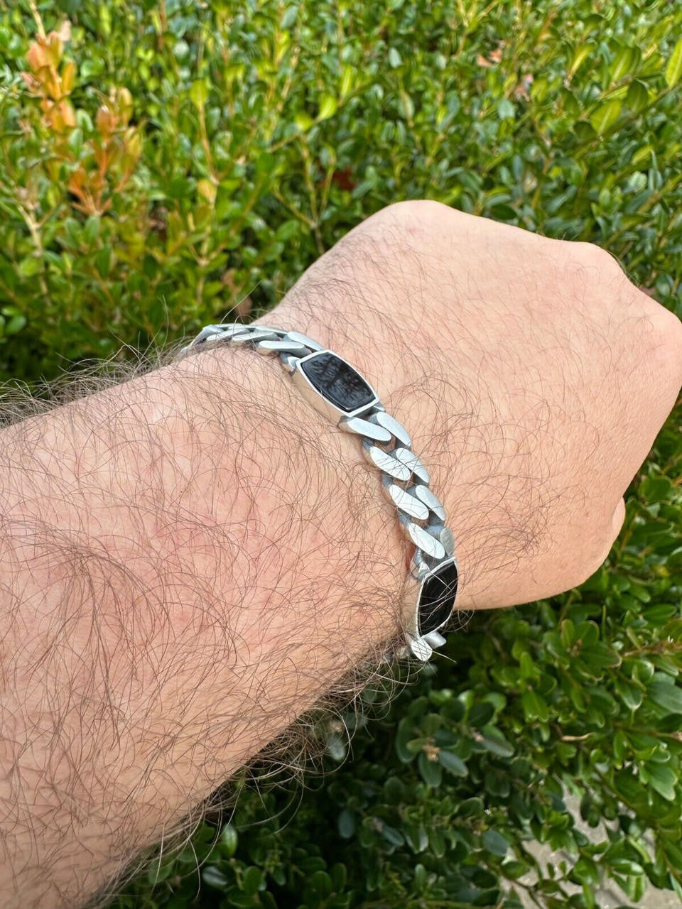 Miami Cuban Bracelet W. 3 Natural Black Onyx Gemstone Motifs - 925 Sterling Silver Oxidized Gunmetal - 7"-9" - 11mm