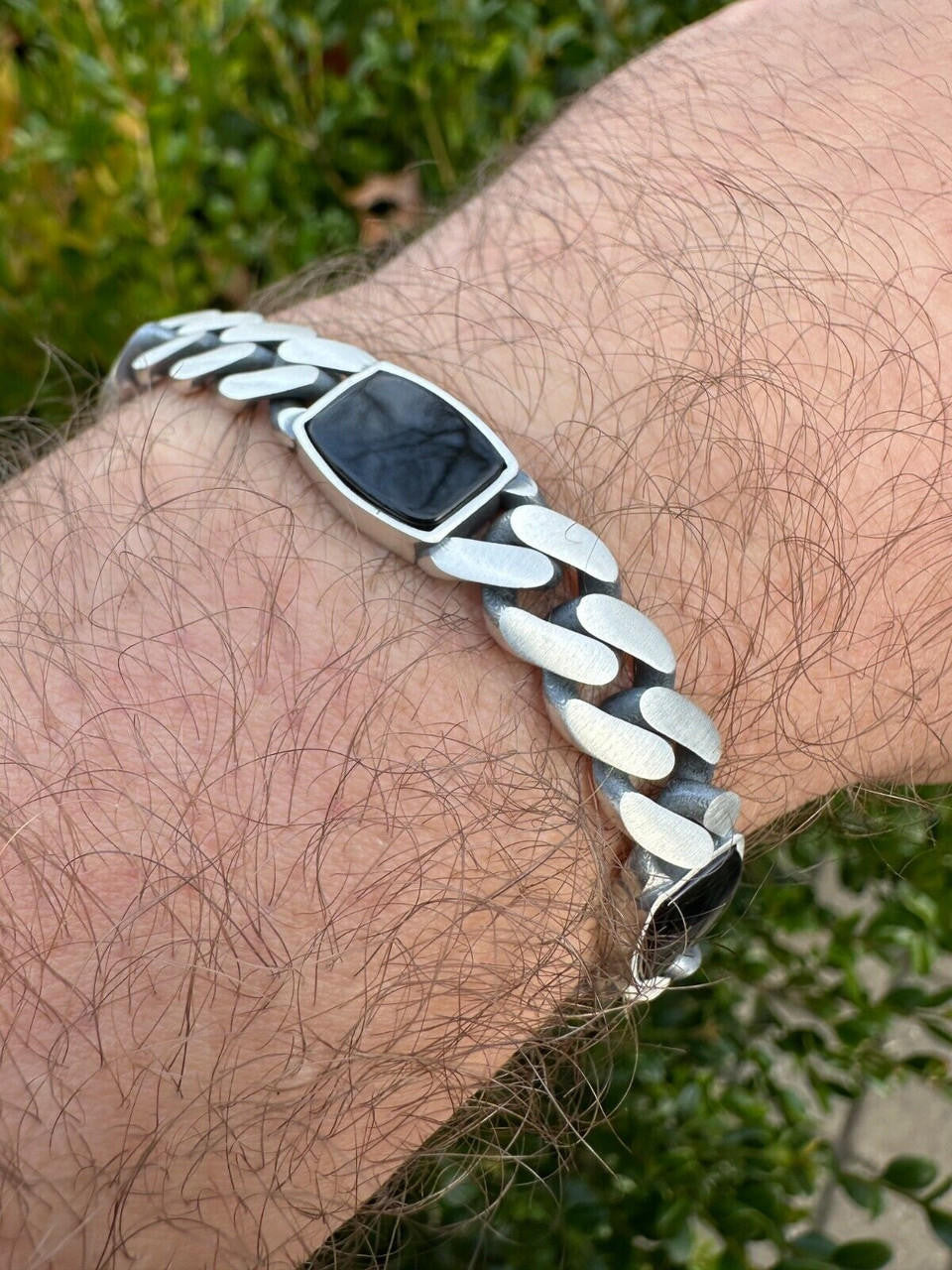 Miami Cuban Bracelet W. 3 Natural Black Onyx Gemstone Motifs - 925 Sterling Silver Oxidized Gunmetal - 7"-9" - 11mm