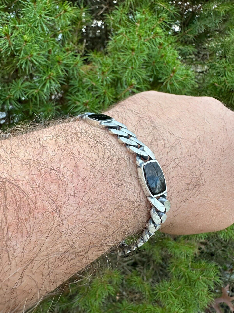 Miami Cuban Bracelet W. 3 Natural Black Onyx Gemstone Motifs - 925 Sterling Silver Oxidized Gunmetal - 7"-9" - 11mm