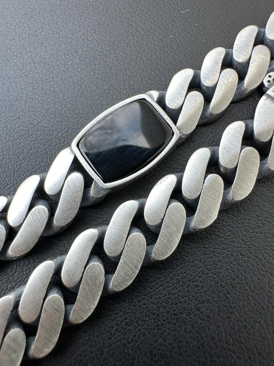 Miami Cuban Bracelet W. 3 Natural Black Onyx Gemstone Motifs - 925 Sterling Silver Oxidized Gunmetal - 7"-9" - 11mm