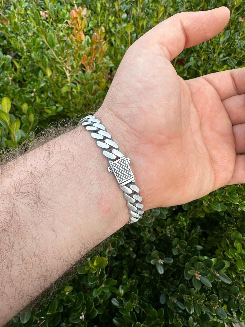 Miami Cuban Bracelet W. 3 Natural Black Onyx Gemstone Motifs - 925 Sterling Silver Oxidized Gunmetal - 7"-9" - 11mm