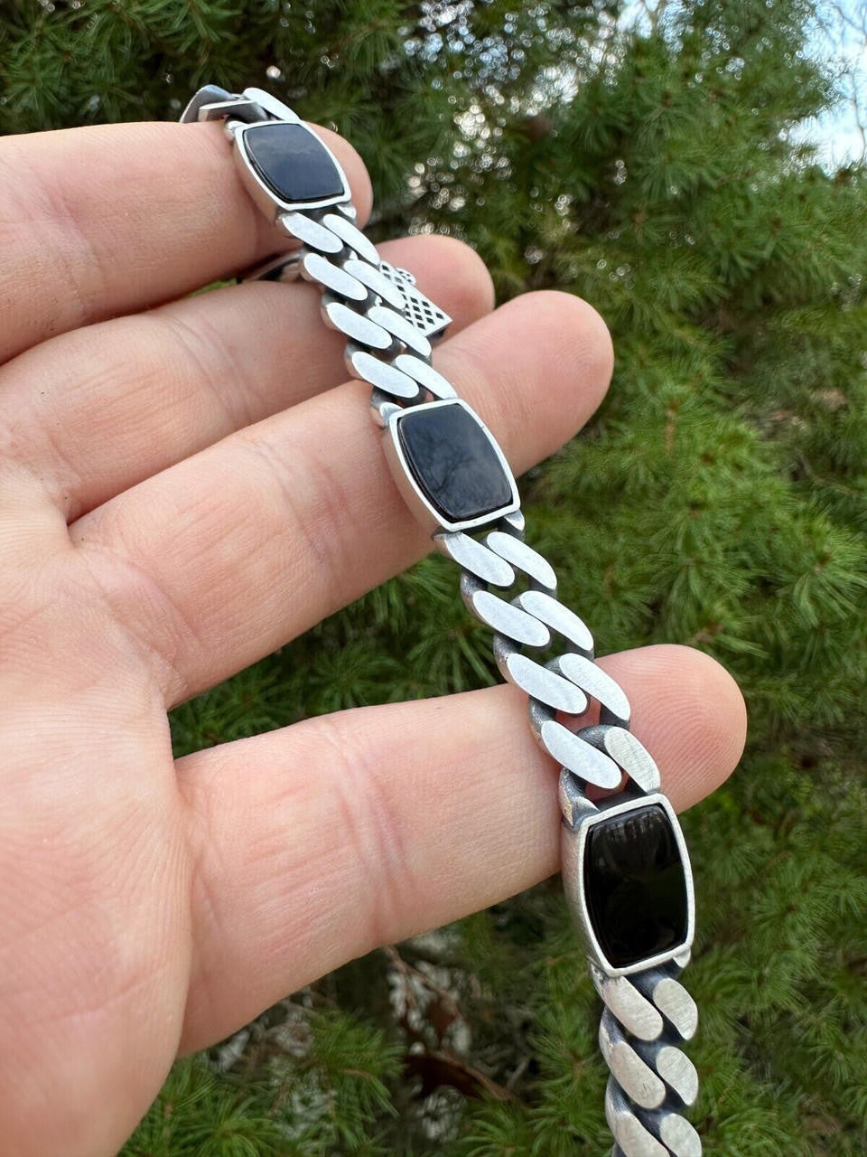 Miami Cuban Bracelet W. 3 Natural Black Onyx Gemstone Motifs - 925 Sterling Silver Oxidized Gunmetal - 7"-9" - 11mm