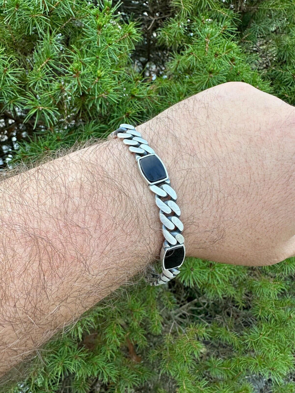 Miami Cuban Bracelet W. 3 Natural Black Onyx Gemstone Motifs - 925 Sterling Silver Oxidized Gunmetal - 7"-9" - 11mm