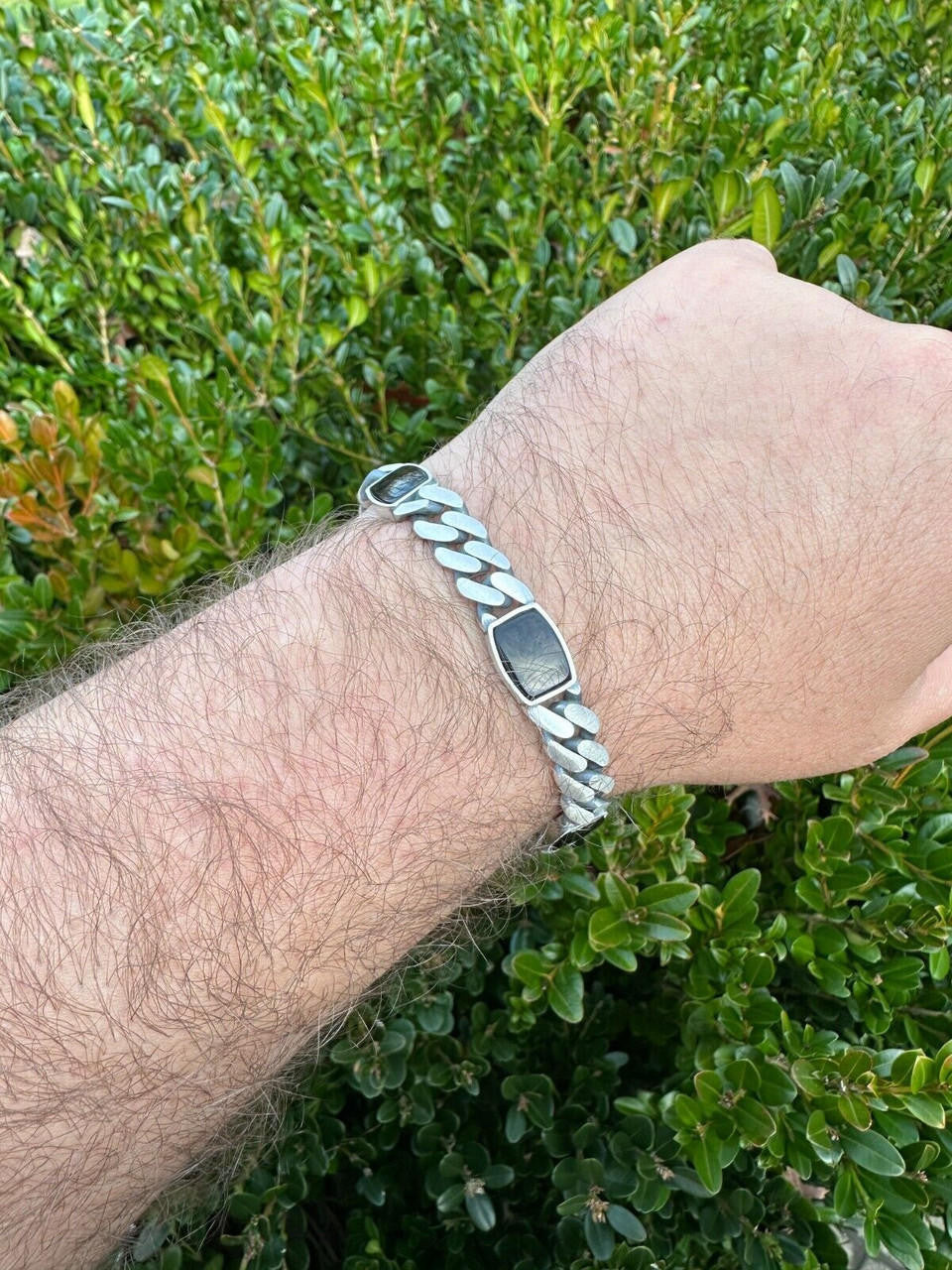 Miami Cuban Bracelet W. 3 Natural Black Onyx Gemstone Motifs - 925 Sterling Silver Oxidized Gunmetal - 7"-9" - 11mm