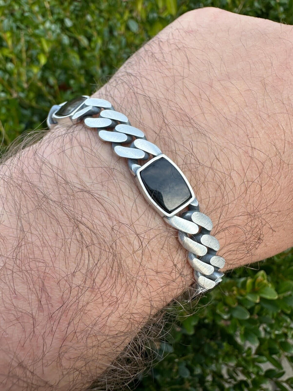 Miami Cuban Bracelet W. 3 Natural Black Onyx Gemstone Motifs - 925 Sterling Silver Oxidized Gunmetal - 7"-9" - 11mm