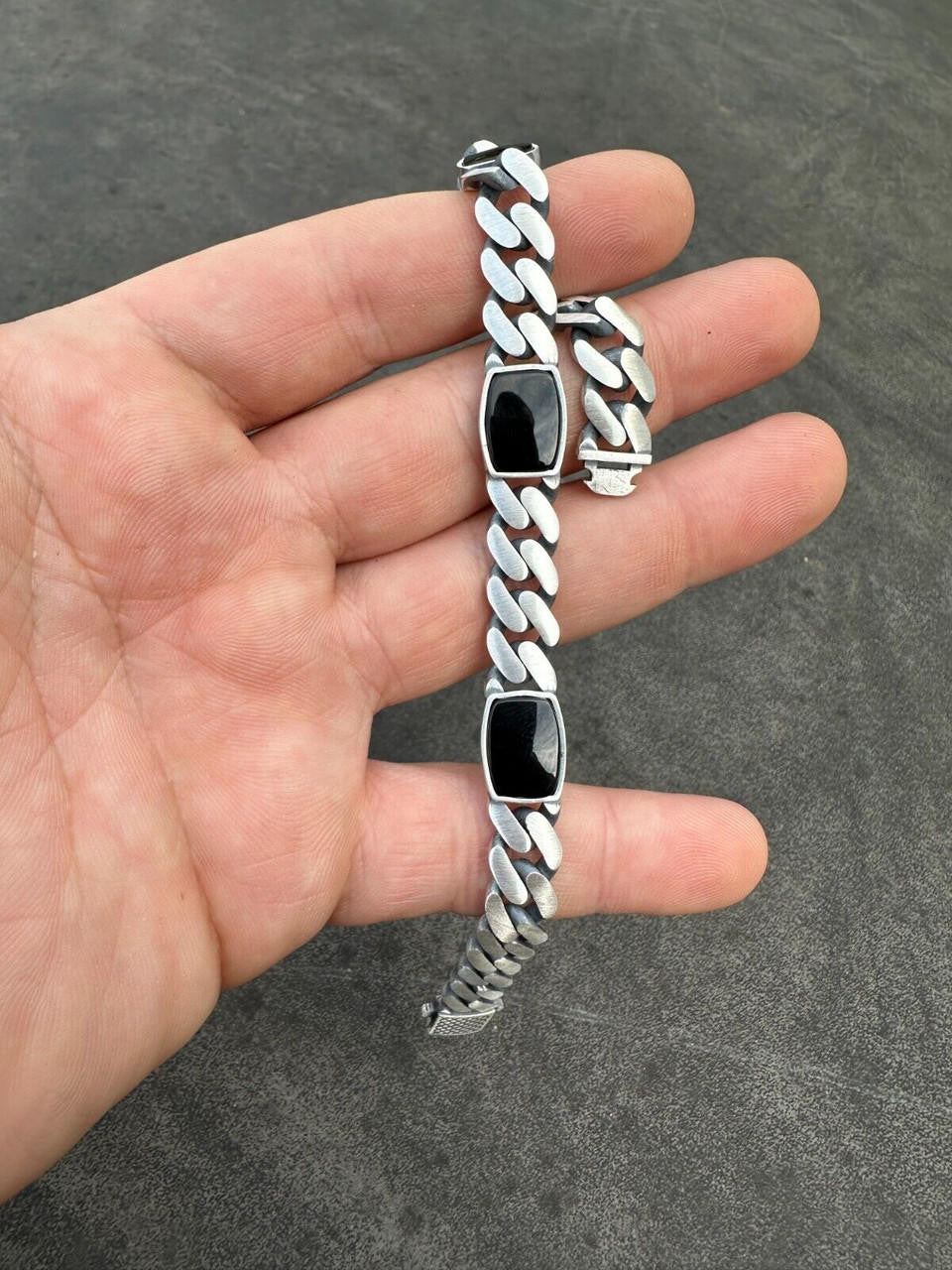 Miami Cuban Bracelet W. 3 Natural Black Onyx Gemstone Motifs - 925 Sterling Silver Oxidized Gunmetal - 7"-9" - 11mm
