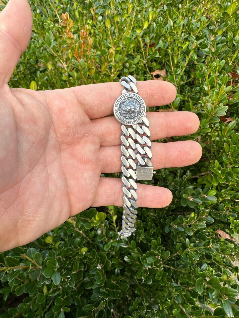 Miami Cuban Bracelet W. Lion Motif - 925 Sterling Silver Oxidized Gunmetal - 7"-9" - 10.5mm