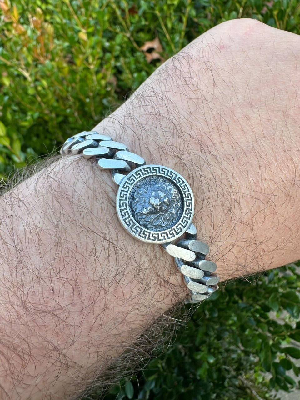 Miami Cuban Bracelet W. Lion Motif - 925 Sterling Silver Oxidized Gunmetal - 7"-9" - 10.5mm