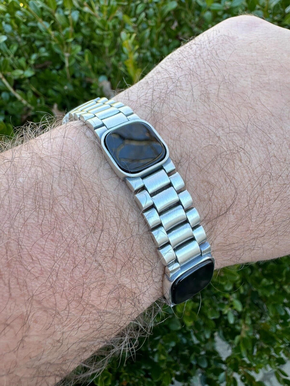 Presidential Bracelet W. Natural Black Onyx Motifs - 925 Sterling Silver Oxidized Gunmetal - 7"-9" - 15mm