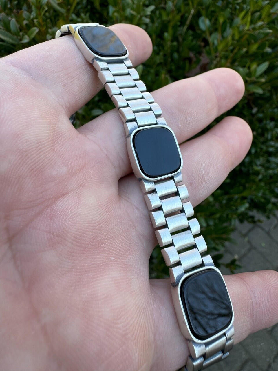 Presidential Bracelet W. Natural Black Onyx Motifs - 925 Sterling Silver Oxidized Gunmetal - 7"-9" - 15mm