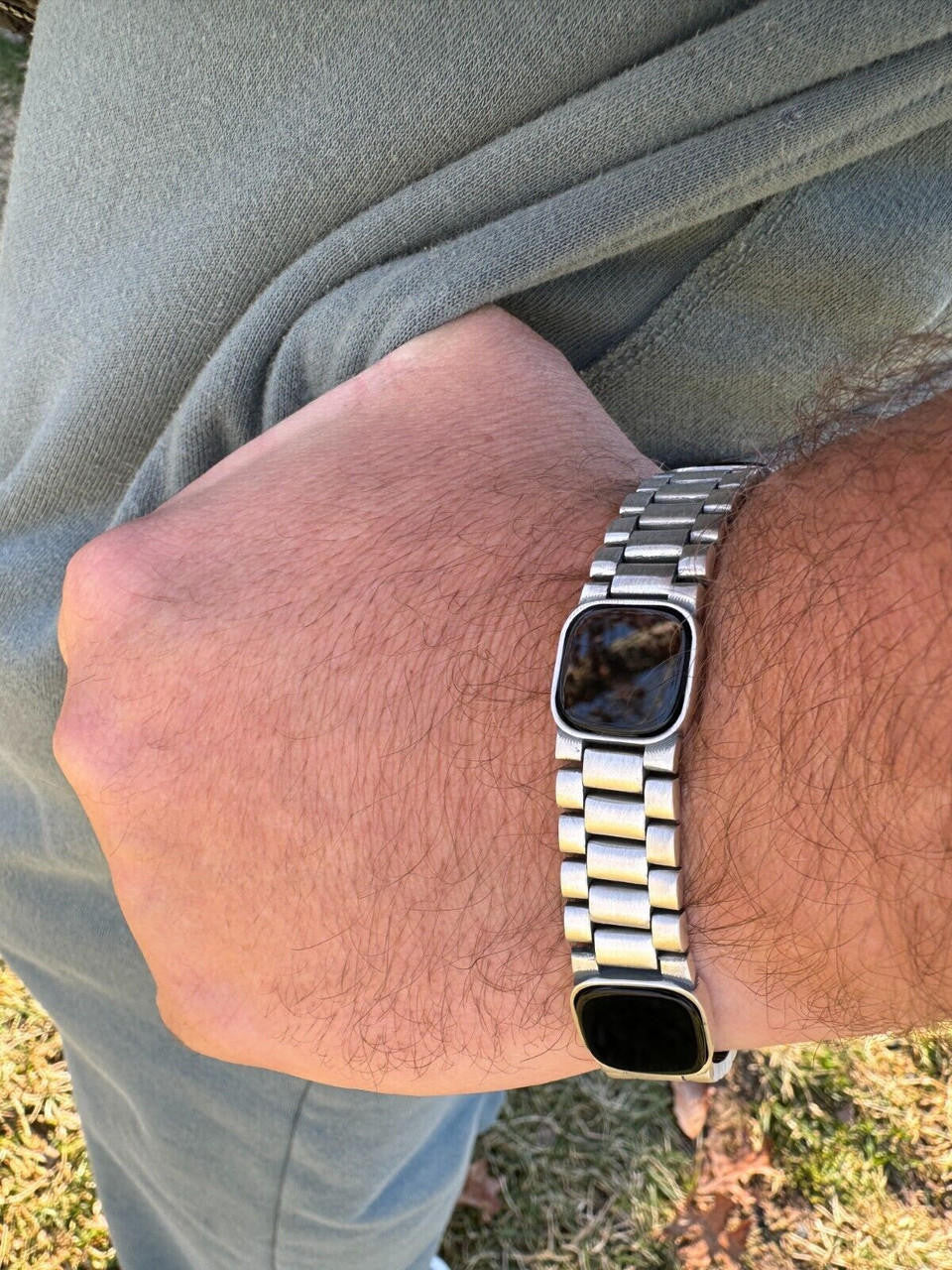 Presidential Bracelet W. Natural Black Onyx Motifs - 925 Sterling Silver Oxidized Gunmetal - 7"-9" - 15mm