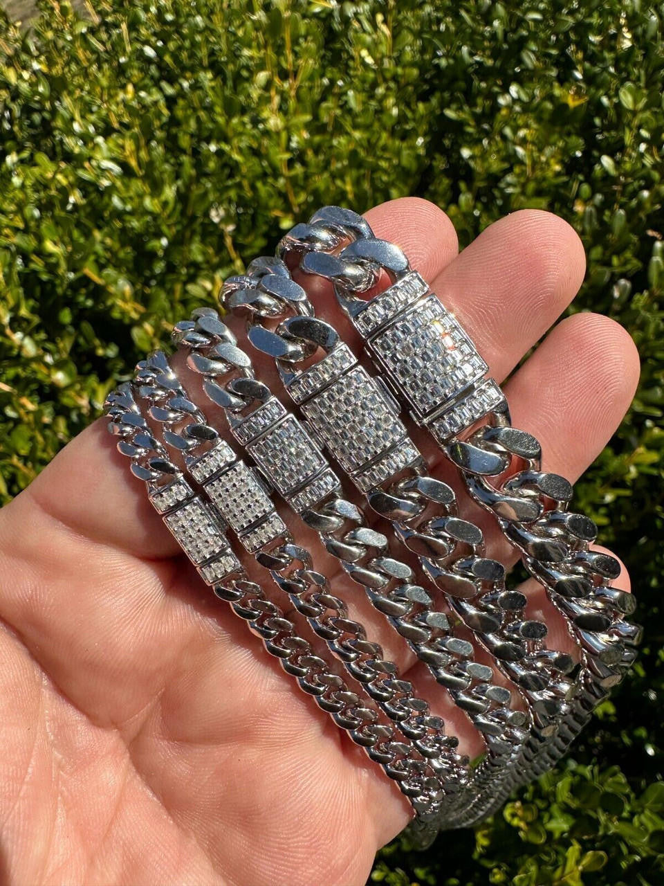MOISSANITE Baguette Iced Clasp Miami Cuban Link Bracelet - 925 Silver - 7"-8.5" - 5mm-12mm