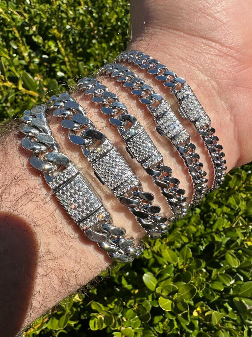 MOISSANITE Baguette Iced Clasp Miami Cuban Link Bracelet - 925 Silver - 7"-8.5" - 5mm-12mm
