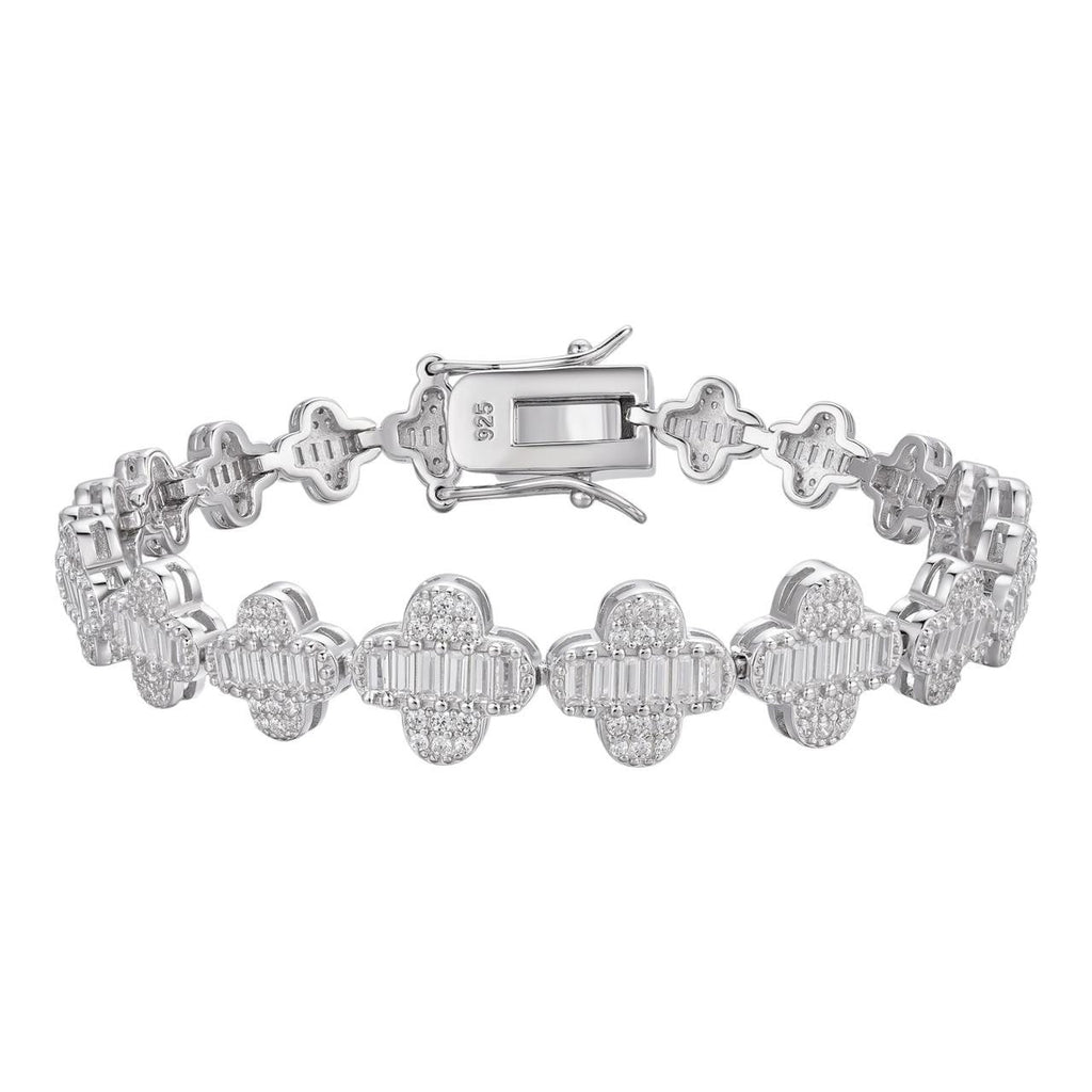 MOISSANITE Graduated Baguette Clover Bracelet Iced Out - 925 Silver - 12mm - 6"-8.5"