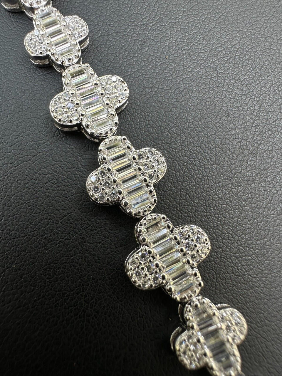 MOISSANITE Graduated Baguette Clover Bracelet Iced Out - 925 Silver - 12mm - 6"-8.5"