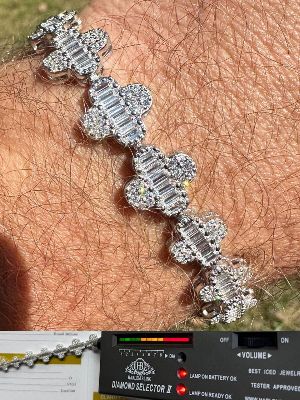 MOISSANITE Graduated Baguette Clover Bracelet Iced Out - 925 Silver - 12mm - 6"-8.5"