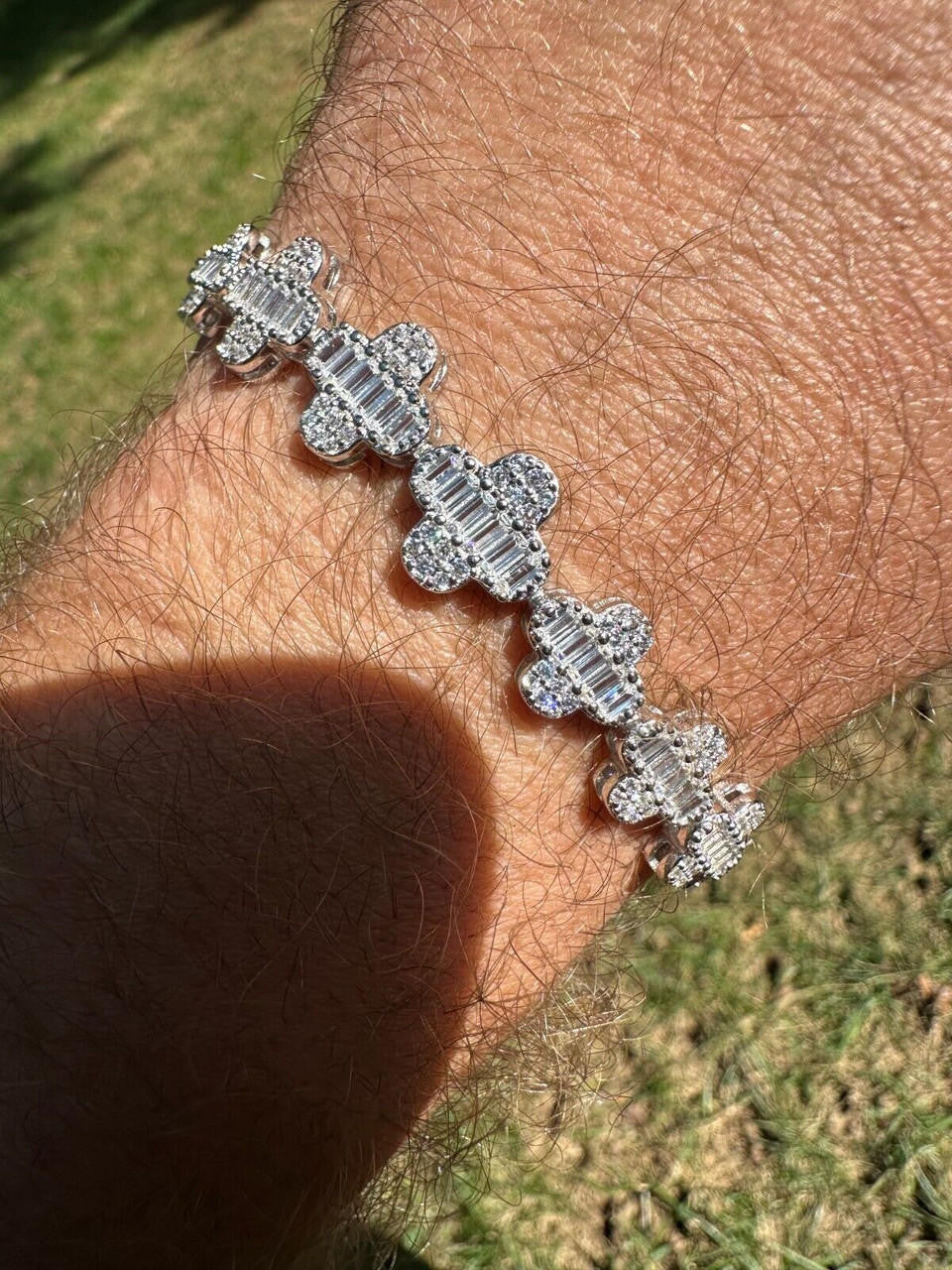 MOISSANITE Graduated Baguette Clover Bracelet Iced Out - 925 Silver - 12mm - 6"-8.5"