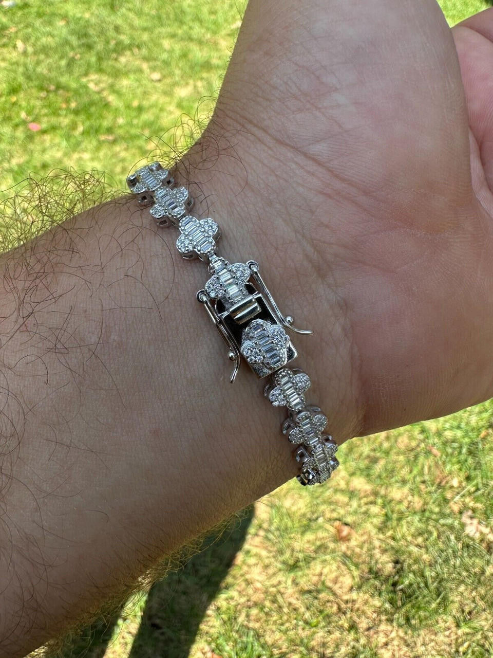 MOISSANITE Graduated Baguette Clover Bracelet Iced Out - 925 Silver - 12mm - 6"-8.5"
