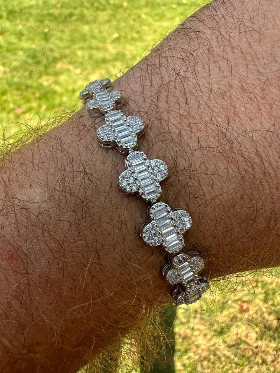 MOISSANITE Graduated Baguette Clover Bracelet Iced Out - 925 Silver - 12mm - 6"-8.5"