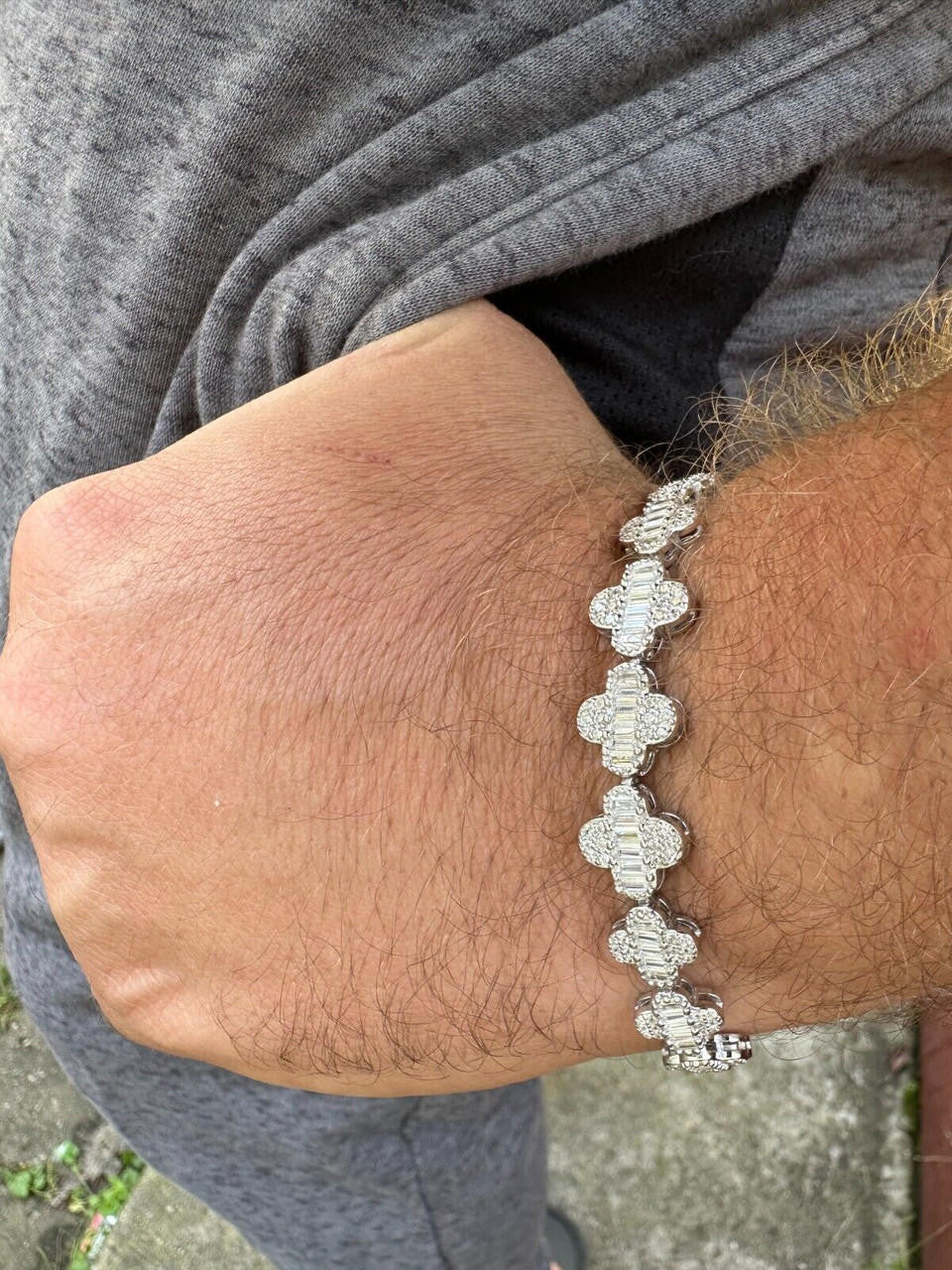 MOISSANITE Graduated Baguette Clover Bracelet Iced Out - 925 Silver - 12mm - 6"-8.5"