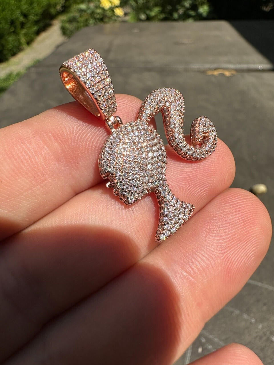 MOISSANITE Barbie Doll Iced Out Pendant - 14k Yellow/Rose Gold Vermeil or 925 Silver - Small 1.25"