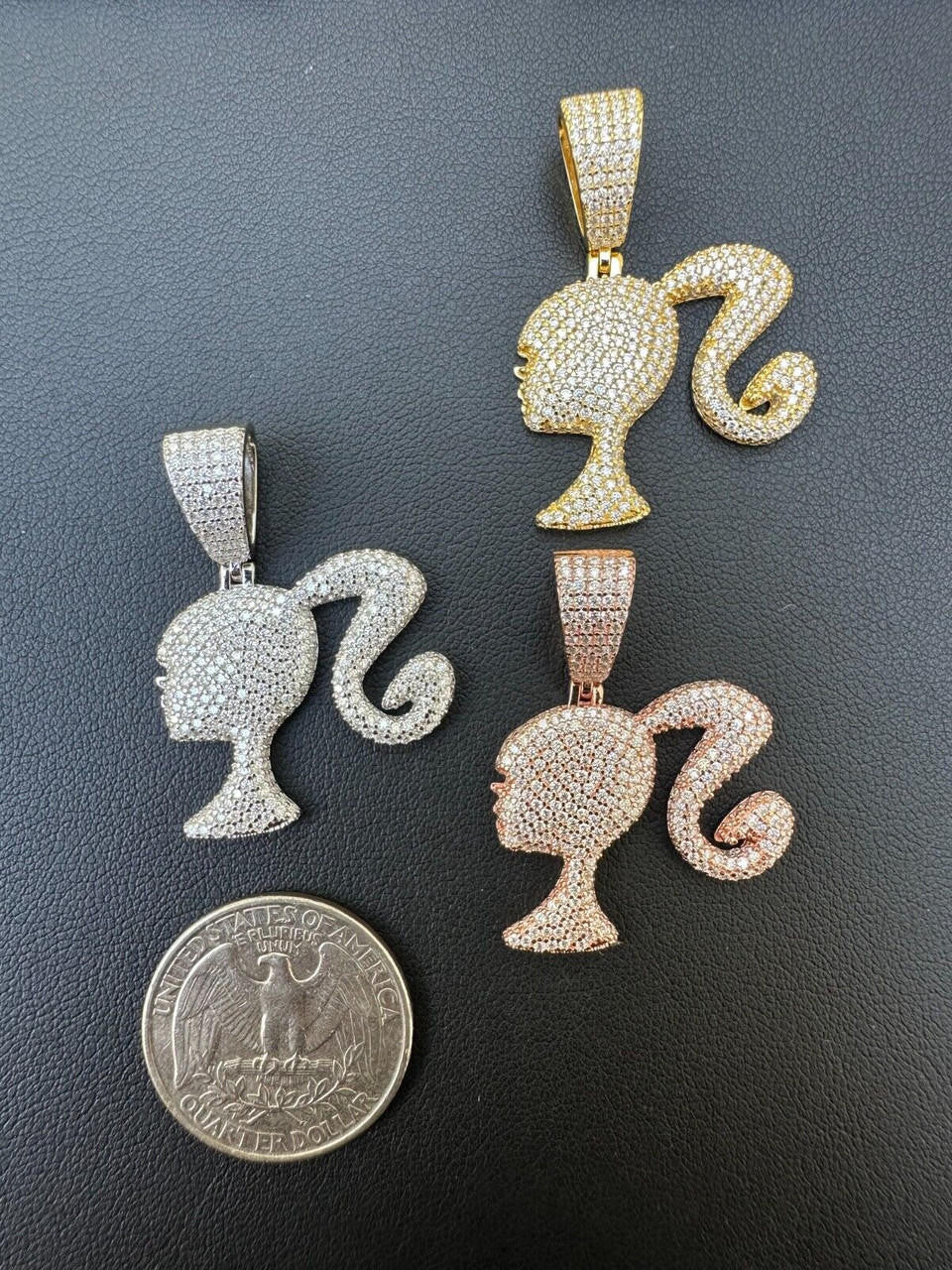 MOISSANITE Barbie Doll Iced Out Pendant - 14k Yellow/Rose Gold Vermeil or 925 Silver - Small 1.25"