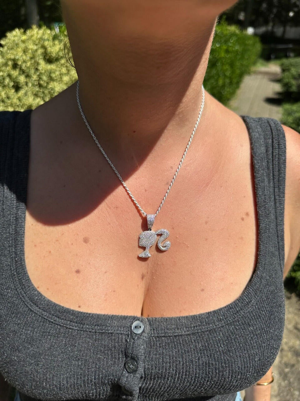 MOISSANITE Barbie Doll Iced Out Pendant - 14k Yellow/Rose Gold Vermeil or 925 Silver - Small 1.25"