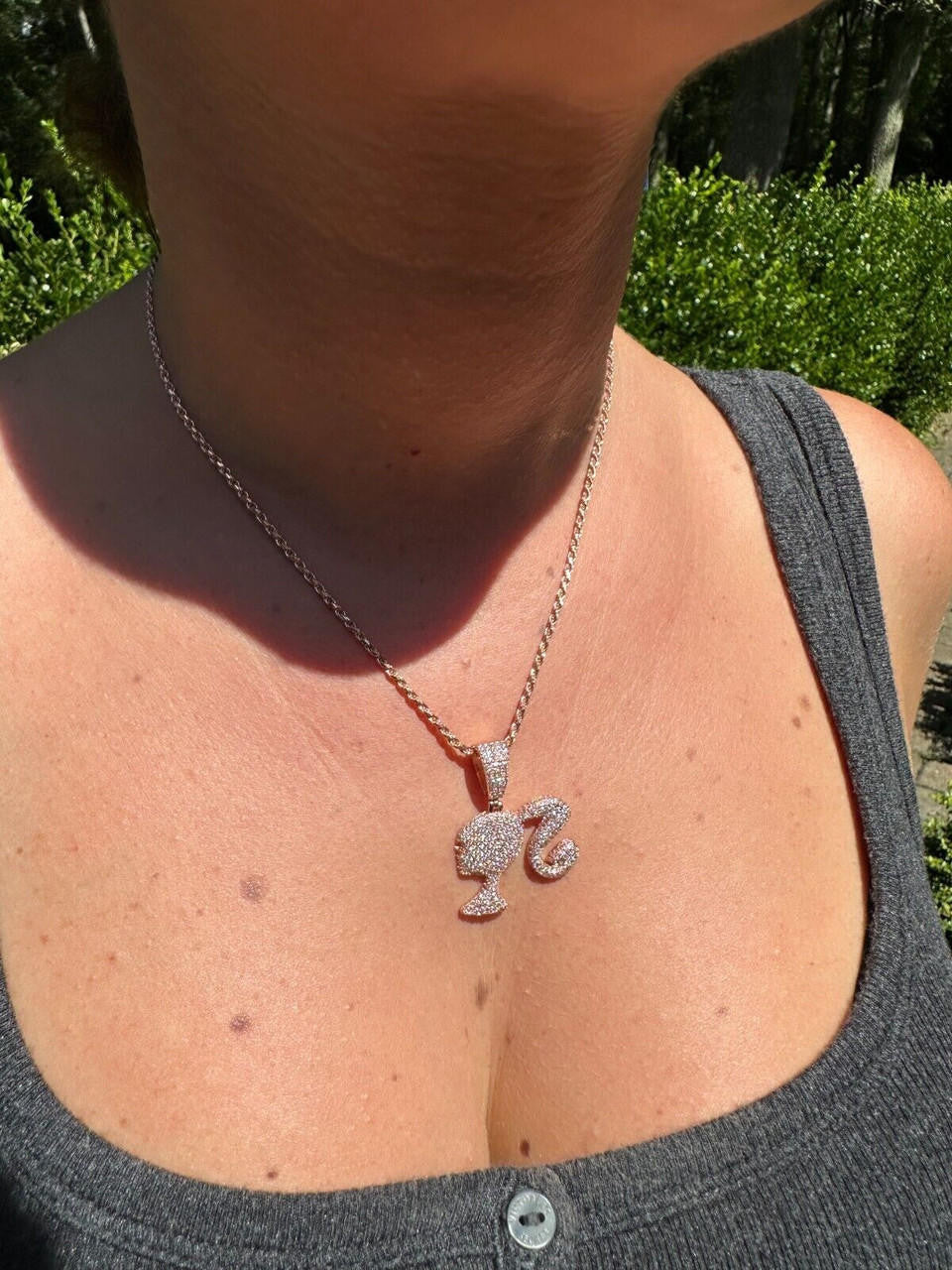MOISSANITE Barbie Doll Iced Out Pendant - 14k Yellow/Rose Gold Vermeil or 925 Silver - Small 1.25"
