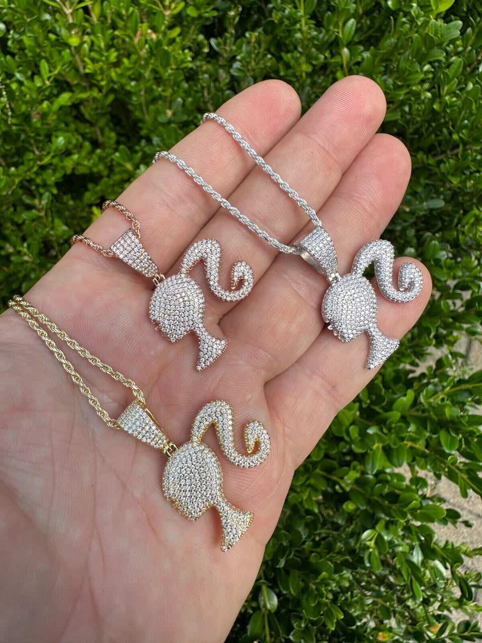 MOISSANITE Barbie Doll Iced Out Pendant - 14k Yellow/Rose Gold Vermeil or 925 Silver - Small 1.25"