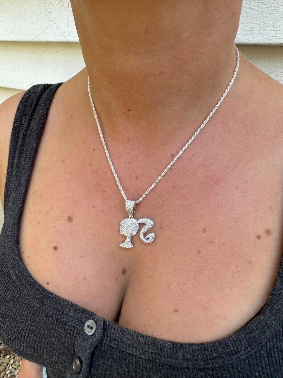 MOISSANITE Barbie Doll Iced Out Pendant - 14k Yellow/Rose Gold Vermeil or 925 Silver - Small 1.25"