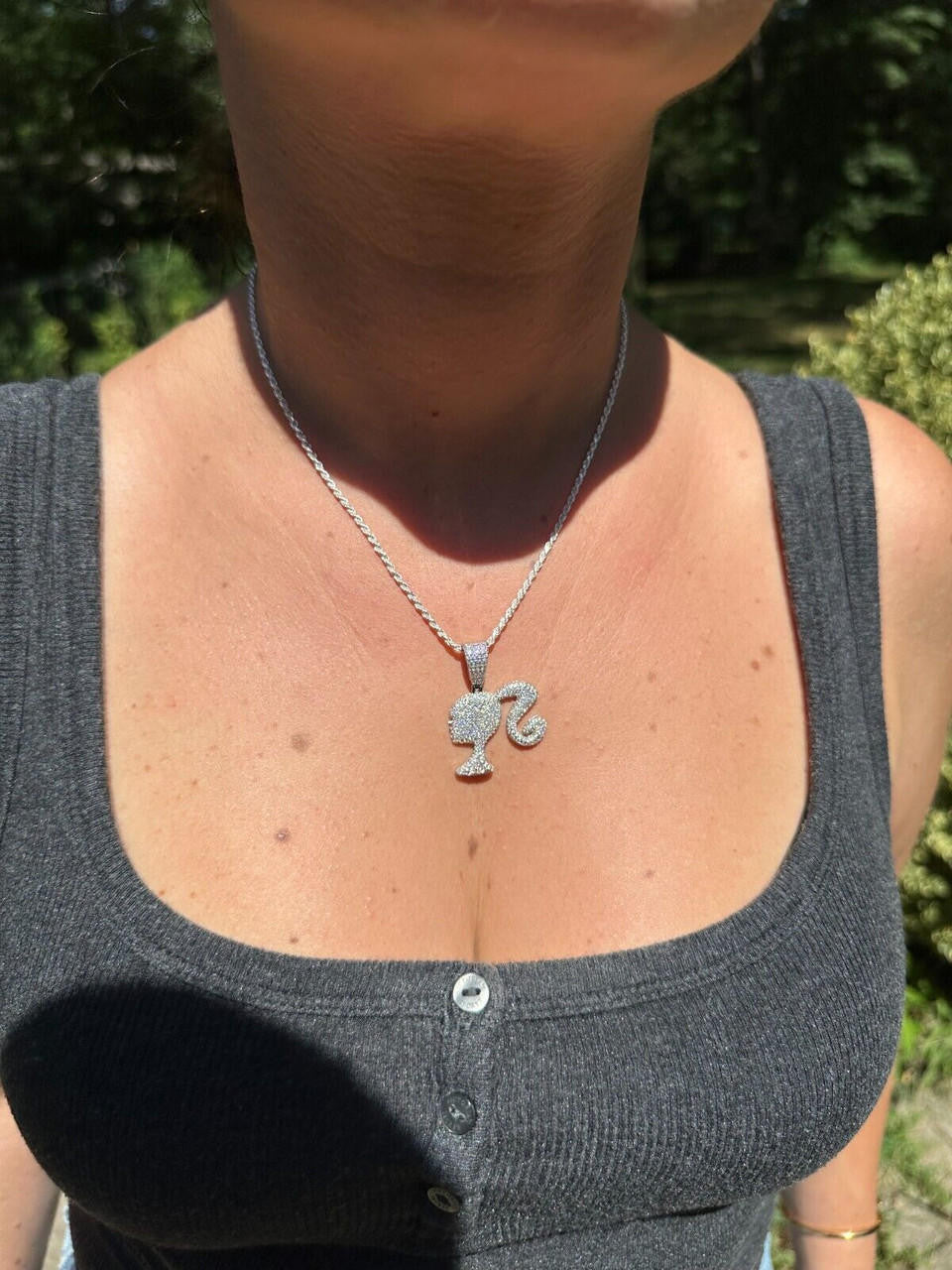MOISSANITE Barbie Doll Iced Out Pendant - 14k Yellow/Rose Gold Vermeil or 925 Silver - Small 1.25"