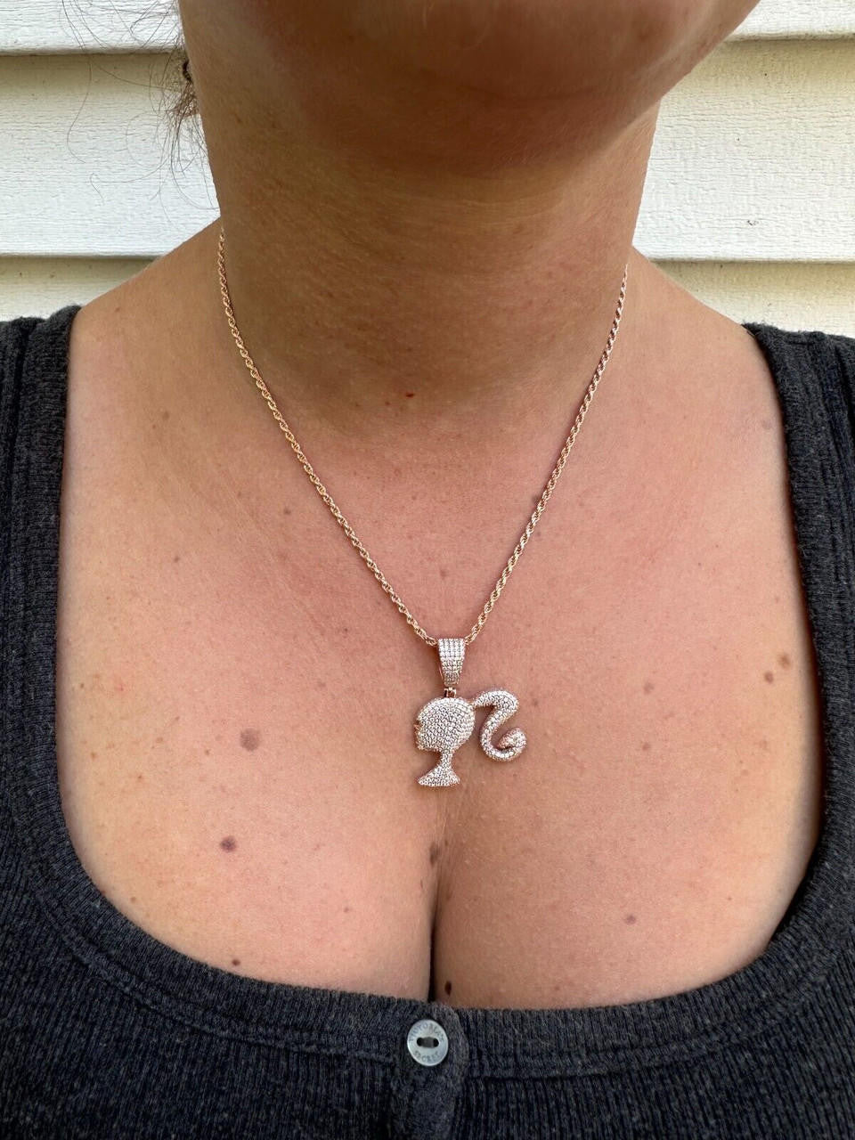 MOISSANITE Barbie Doll Iced Out Pendant - 14k Yellow/Rose Gold Vermeil or 925 Silver - Small 1.25"