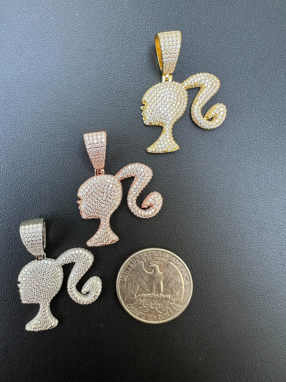 MOISSANITE Barbie Doll Iced Out Pendant - 14k Yellow/Rose Gold Vermeil or 925 Silver - Small 1.25"