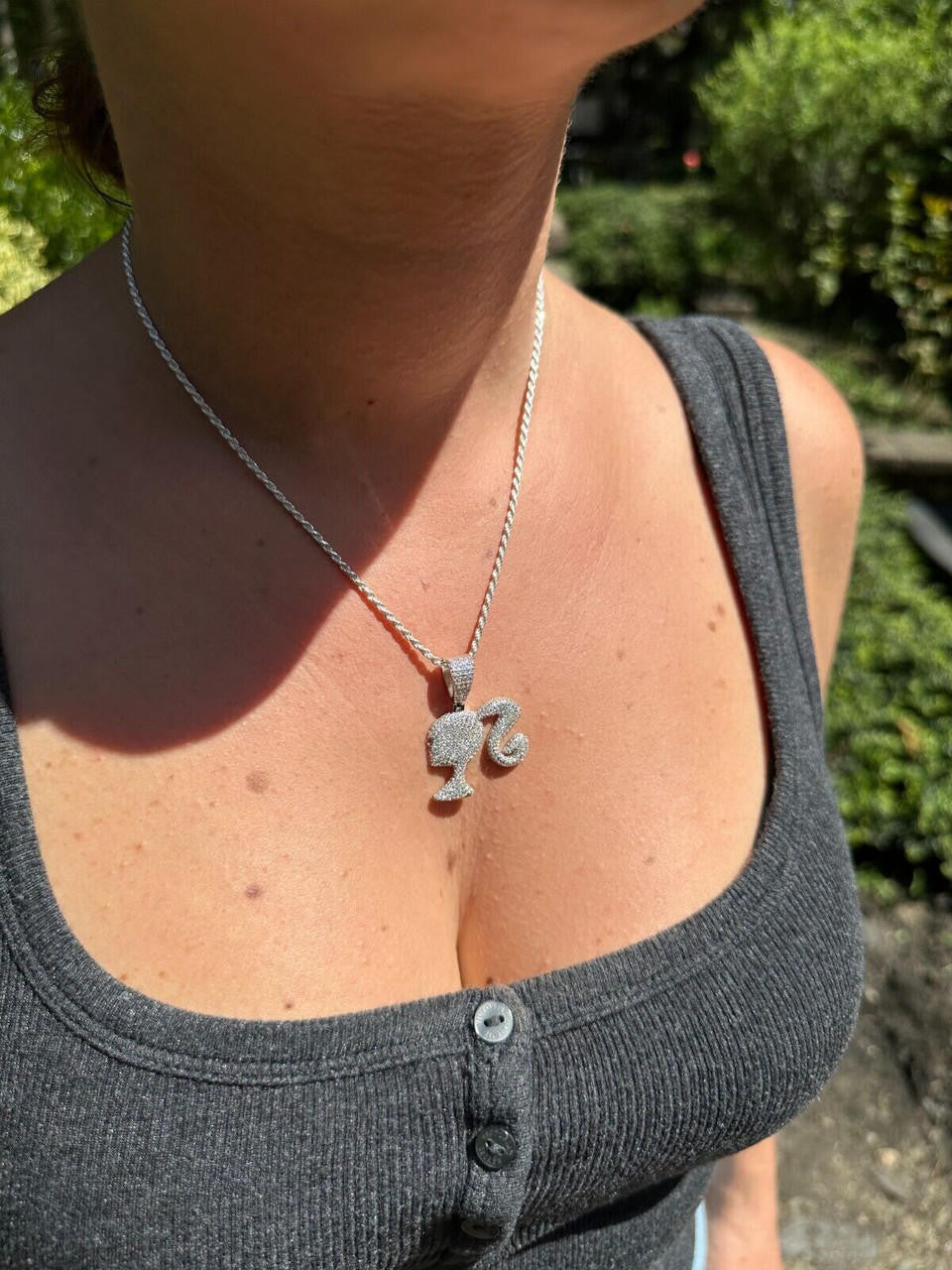 MOISSANITE Barbie Doll Iced Out Pendant - 14k Yellow/Rose Gold Vermeil or 925 Silver - Small 1.25"