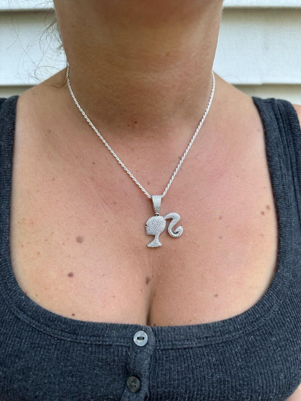 MOISSANITE Barbie Doll Iced Out Pendant - 14k Yellow/Rose Gold Vermeil or 925 Silver - Small 1.25"