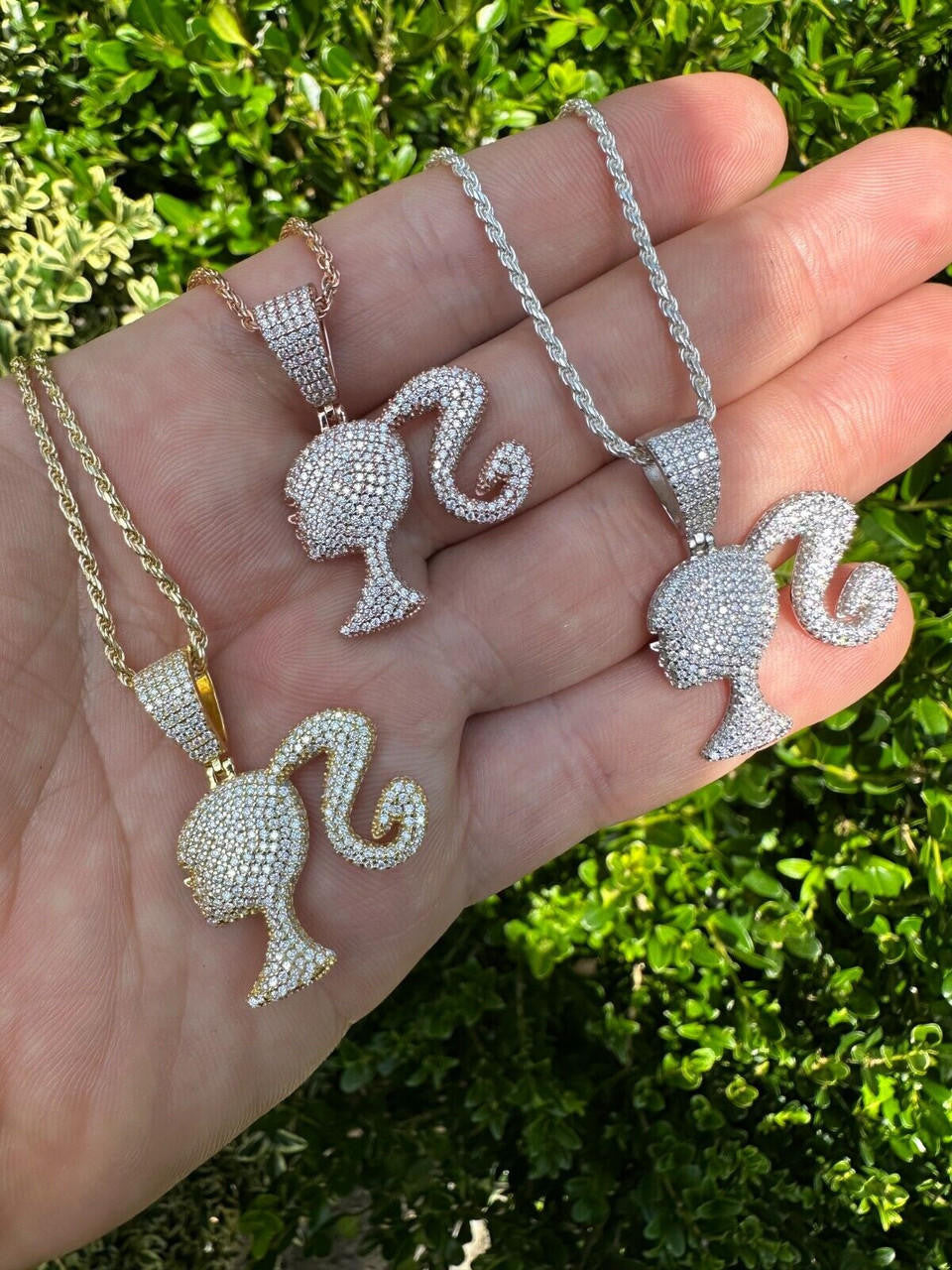 MOISSANITE Barbie Doll Iced Out Pendant - 14k Yellow/Rose Gold Vermeil or 925 Silver - Small 1.25"