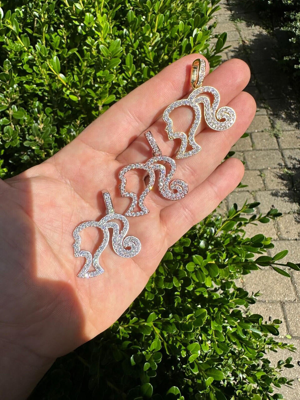 MOISSANITE Barbie Doll Pendant - 14k Yellow/Rose Gold Vermeil Or 925 Silver - Medium 1.75"