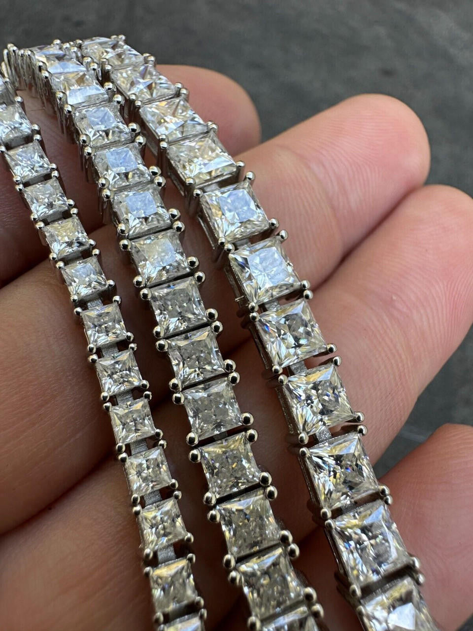REAL MOISSANITE Iced Square Princess Cut Tennis Bracelet 925 Silver 3-5mm 6-8.5"
