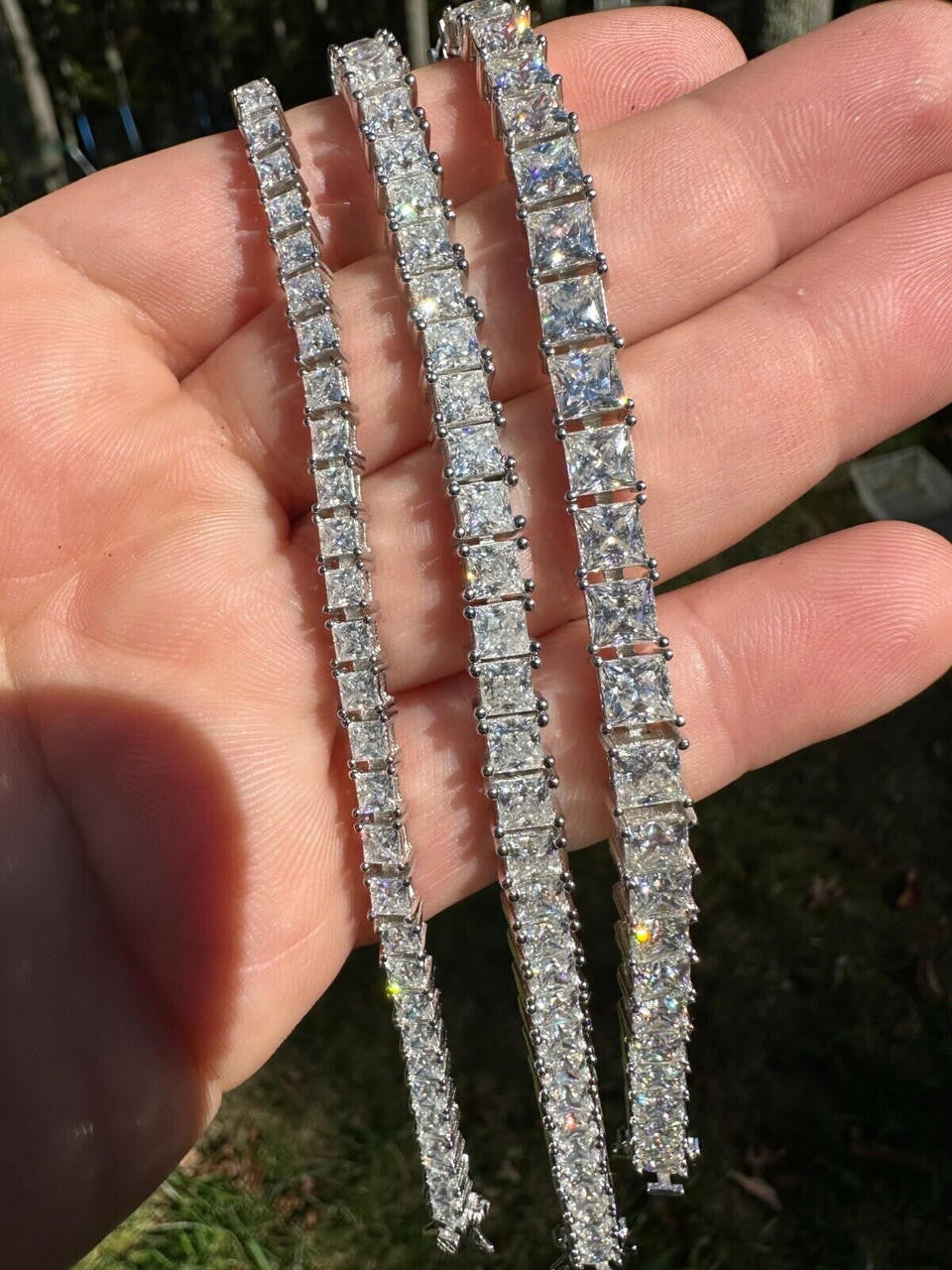 REAL MOISSANITE Iced Square Princess Cut Tennis Bracelet 925 Silver 3-5mm 6-8.5"