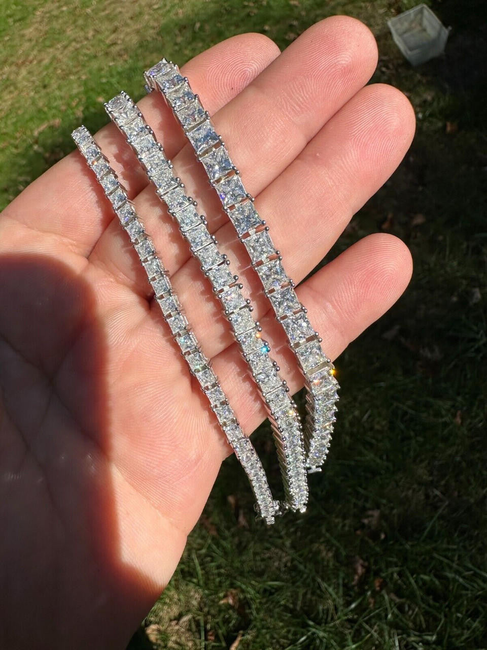 REAL MOISSANITE Iced Square Princess Cut Tennis Bracelet 925 Silver 3-5mm 6-8.5"