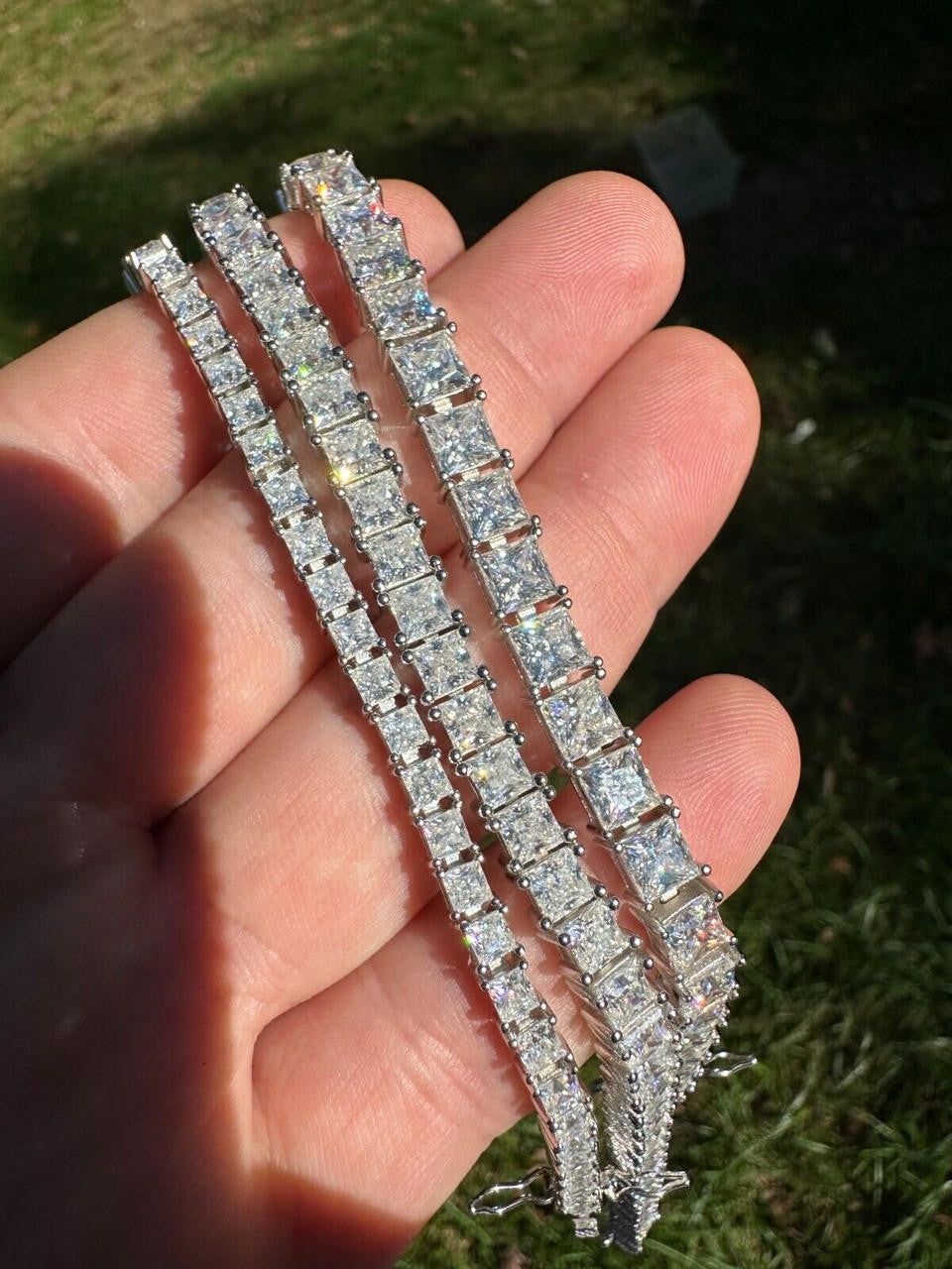 REAL MOISSANITE Iced Square Princess Cut Tennis Bracelet 925 Silver 3-5mm 6-8.5"
