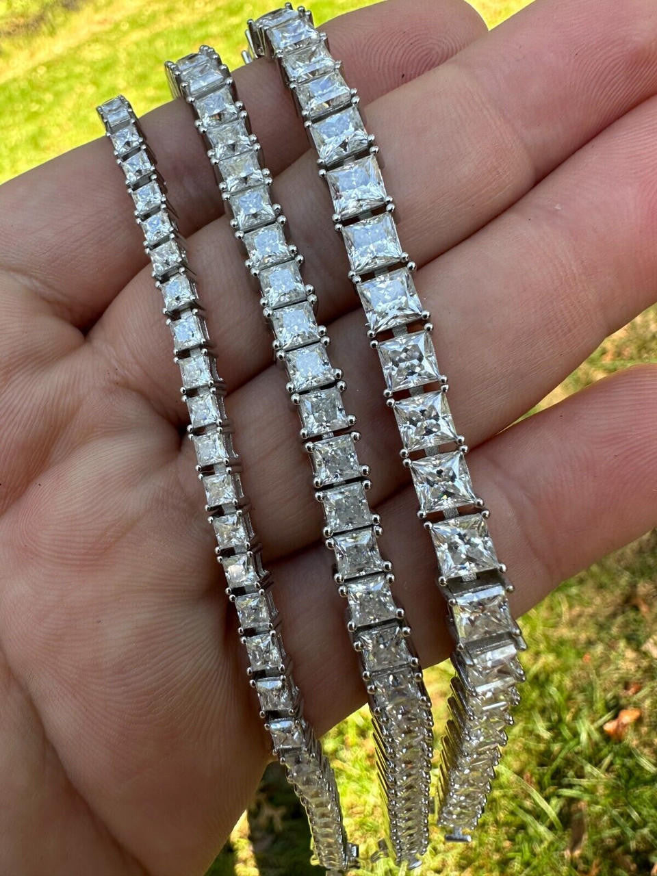 REAL MOISSANITE Iced Square Princess Cut Tennis Bracelet 925 Silver 3-5mm 6-8.5"
