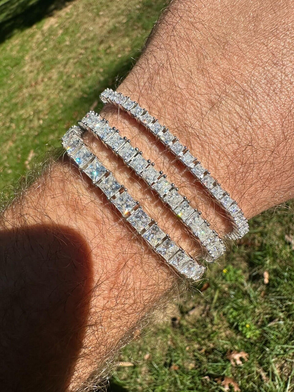 REAL MOISSANITE Iced Square Princess Cut Tennis Bracelet 925 Silver 3-5mm 6-8.5"