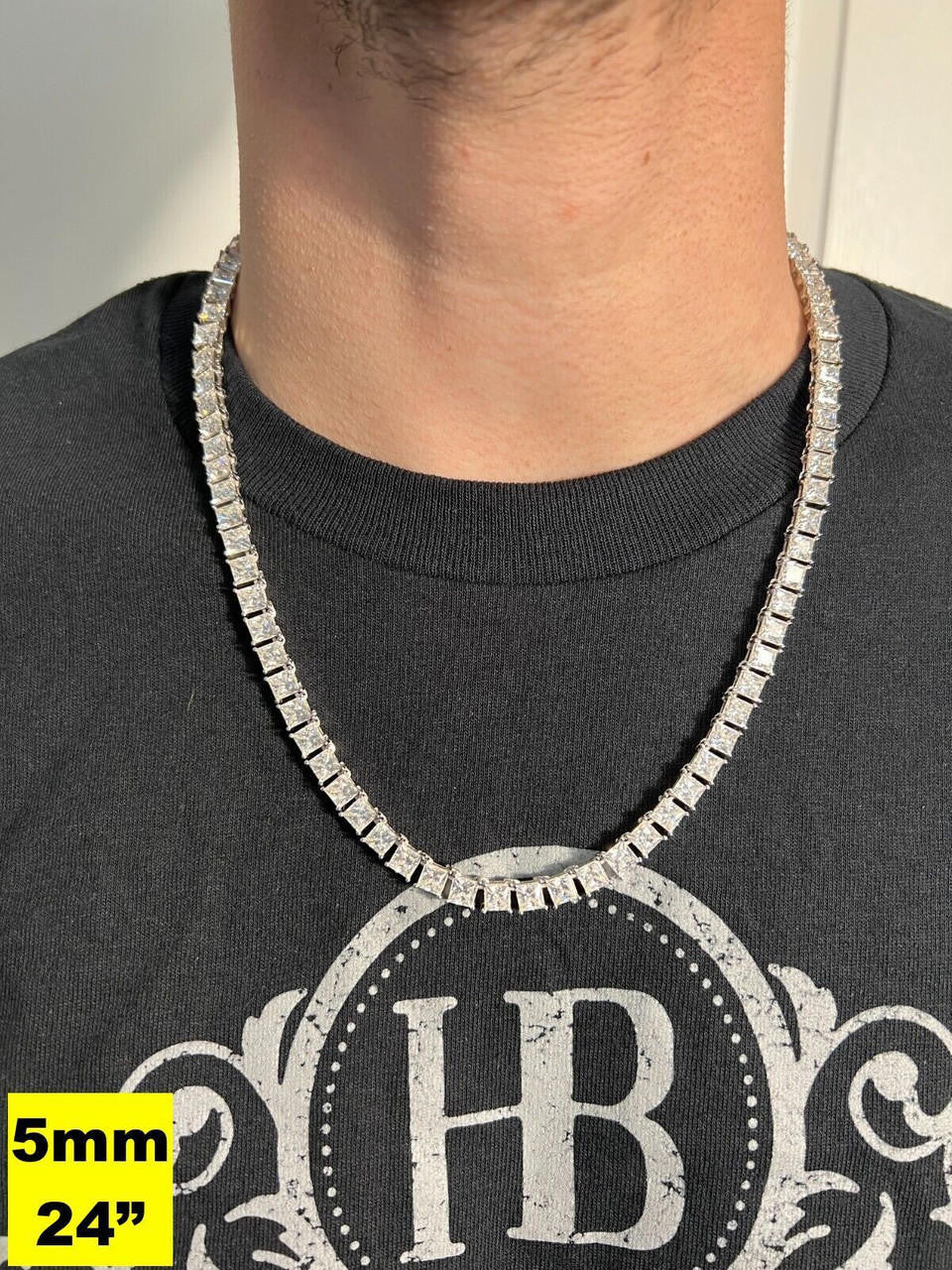 MOISSANITE Square Princess Cut Tennis Chain Necklace Iced Out - 925 Silver - 3mm-5mm - 14"-28"