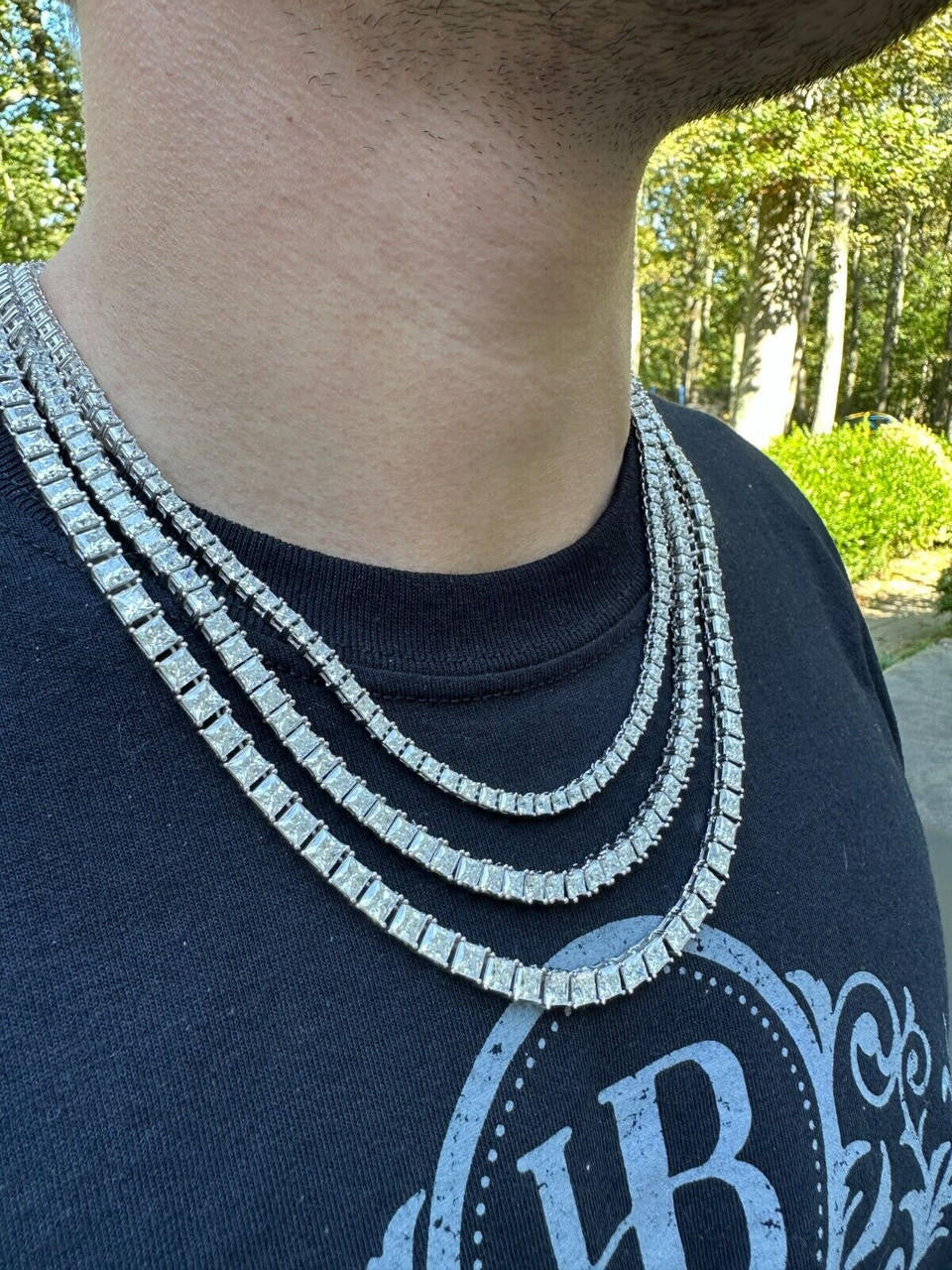 MOISSANITE Square Princess Cut Tennis Chain Necklace Iced Out - 925 Silver - 3mm-5mm - 14"-28"