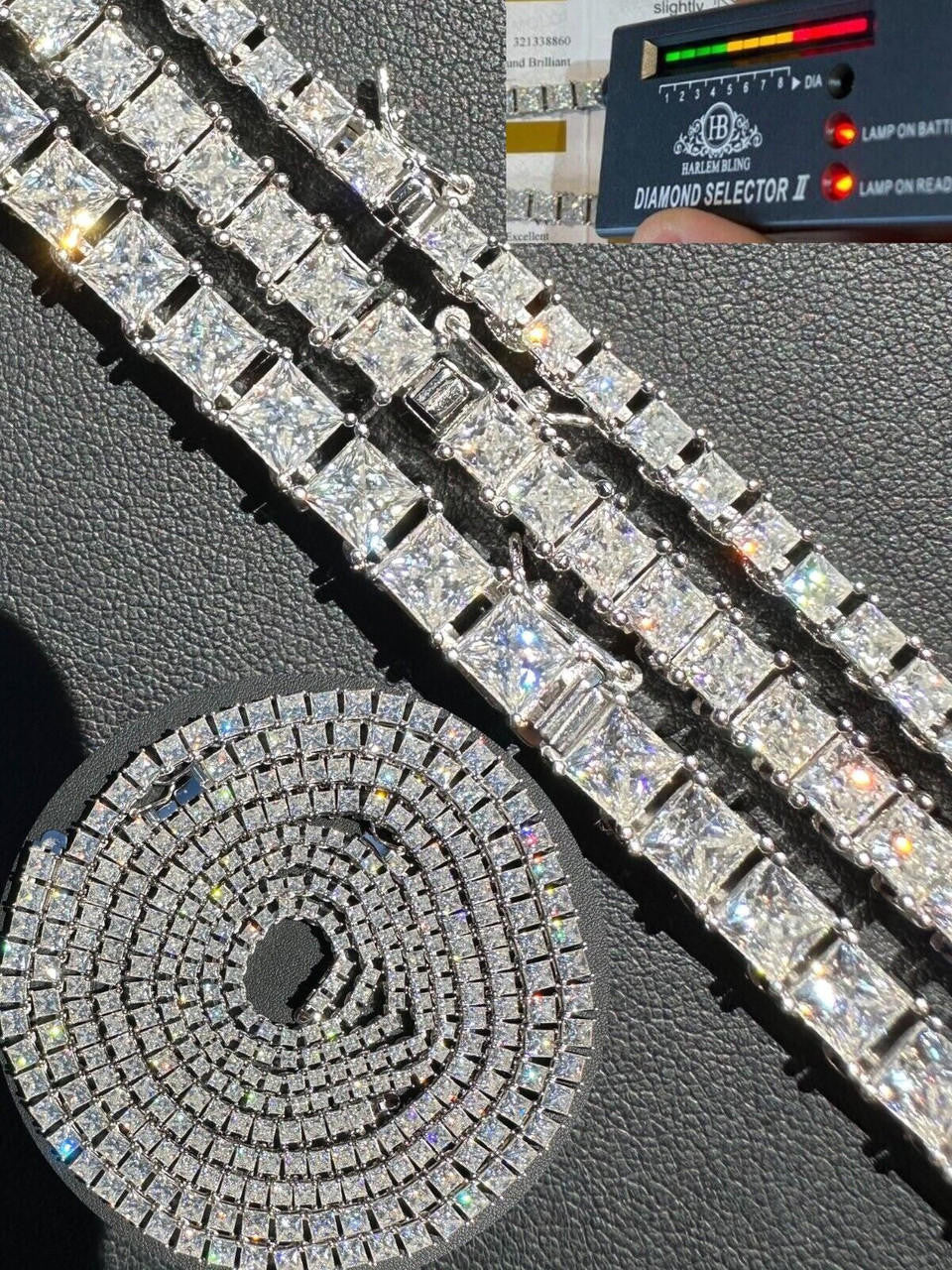 MOISSANITE Square Princess Cut Tennis Chain Necklace Iced Out - 925 Silver - 3mm-5mm - 14"-28"